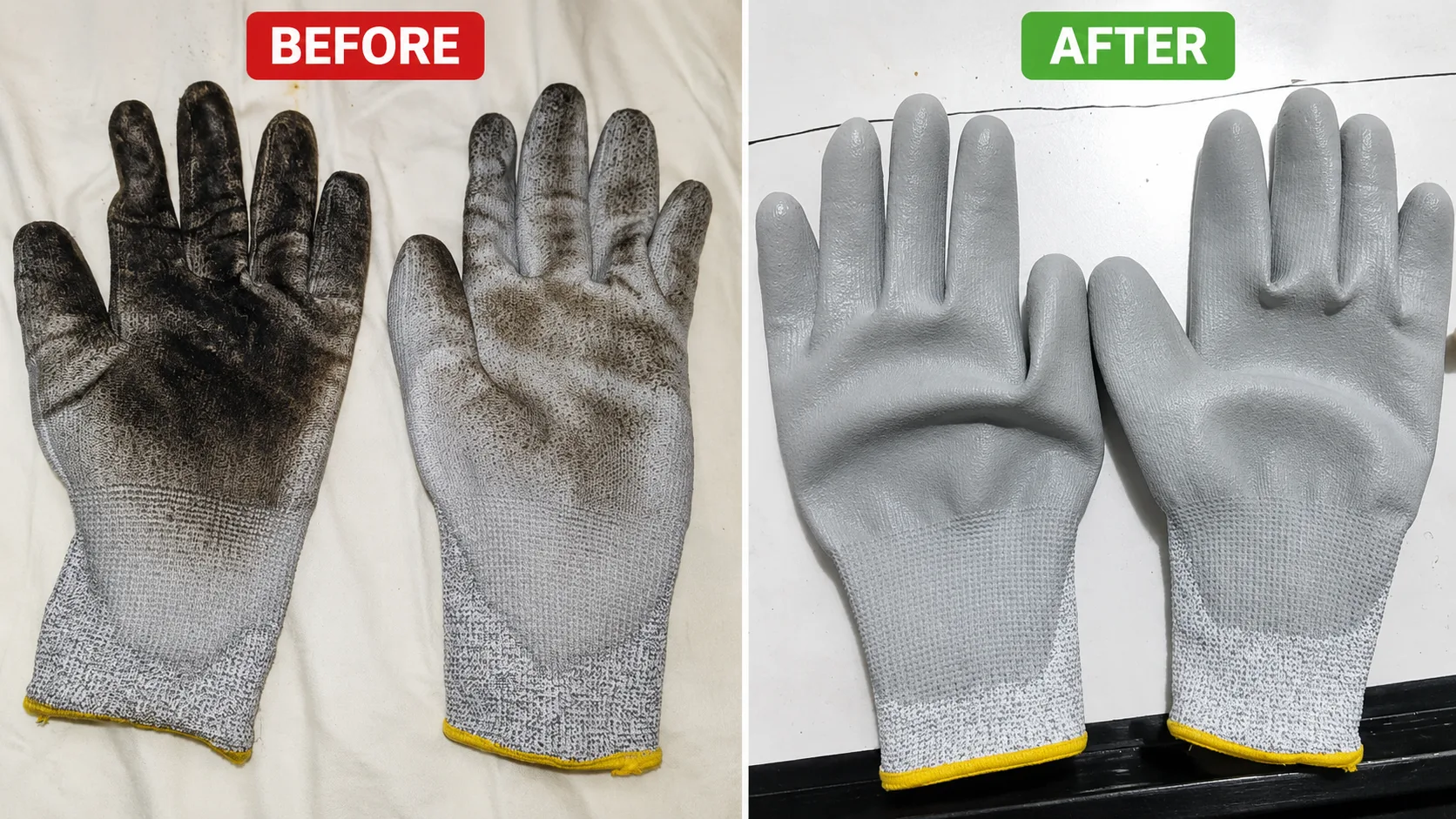 Cut resistant gloves before and after PPE recycling